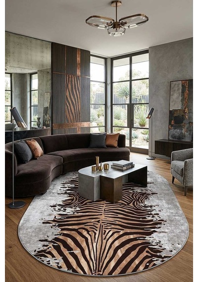 Frenda Home Zebra Desen Pamuk Taban Baskılı Oval Halı Gri