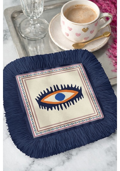 Modern Nazar Göz Motifli Saçaklı Sunum Peçetesi - Etnik Stil Lacivert Krem Kahve Yanı Sunum Mendili Çok Renkli