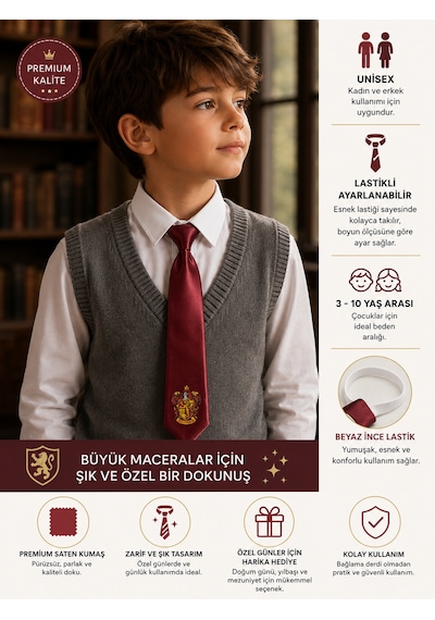 Herşeynota Harry Potter Gryffindor Kravat Bordo Renk Ayarlanabilir Lastikli 3-10 Yaş Unisex Çocuk Kravatı Açık Gri