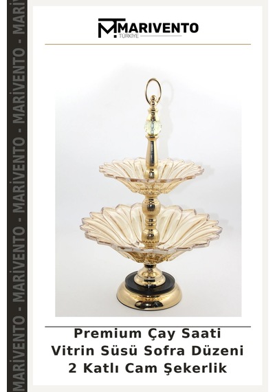 Premium Çay Saati Vitrin Süsü Sofra Düzeni 2 Katlı Cam Şekerlik Çok Renkli