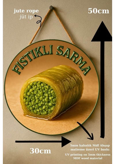 Fıstıklı Sarma Temalı İpli Ahşap Kapı Duvar Süsü, Pastane, Tatlı Dükkanı, Cafe Tablo Dekoru