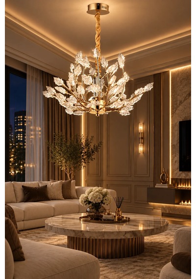 Modern Premium Sarmaşık Yaprak Detaylı Gold Led Avize Salon Yemek Odası Sarkıt Avize 28w