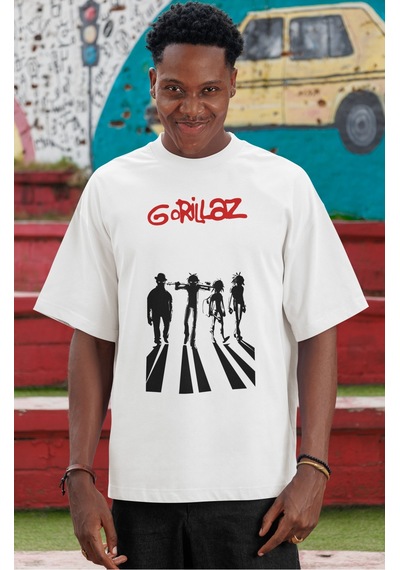 Gorillaz Rock Metal Müzik Grubu Ön Baskılı Unisex Oversize Tişört Beyaz