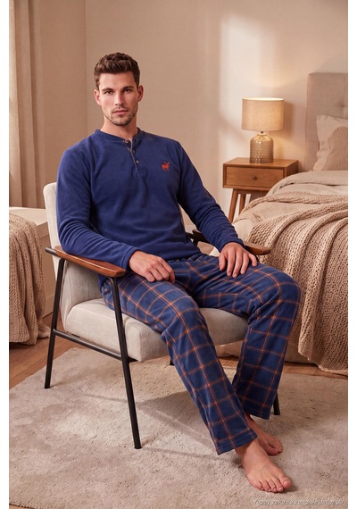 Buratti Ekoseli Düğmeli Bisiklet Yaka Yumuşak Polar Pijama Takımı Erkek Pijama Takımı 6097019 İndigo