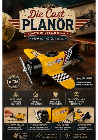 Die-cast Metal Çek Bırak Oyuncak Savaş Uçağı 15 Cm Sarı
