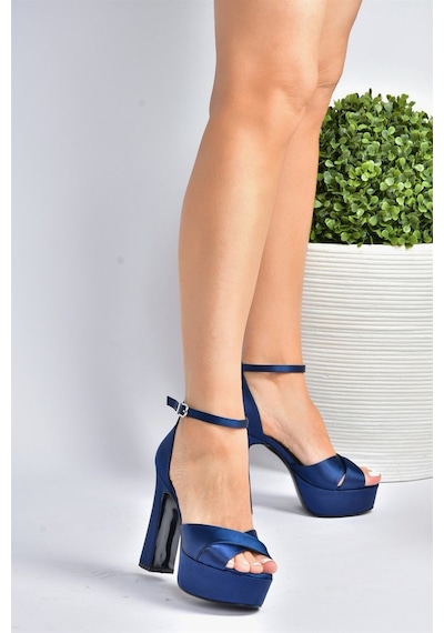 Fox Shoes Lacivert Saten Kumaş Platform Topuklu Kadın Ayakkabı M348202504 Lacivert