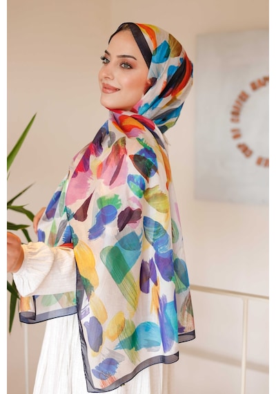 Mimiyum Nayf İpek Şal Pastel Desen - Lacivert - Turuncu