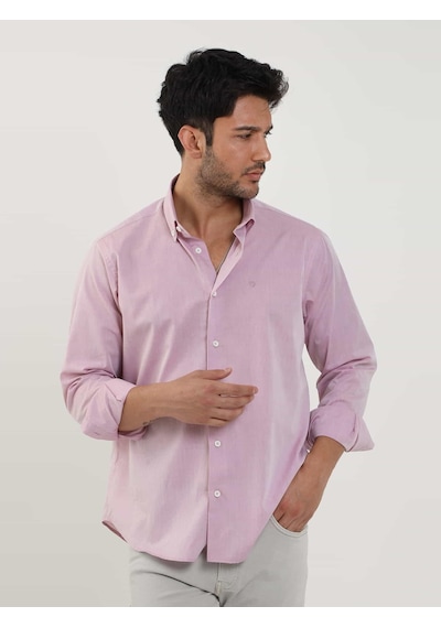 Dufy Bordo Erkek Regular Fit Düz Brent Düğmeli Yaka Uzun Kol Gömlek - 102224-bordo Bordo