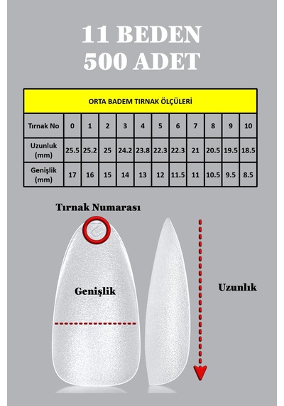 500 Adet Yeni Nesil Jel Destekli Orta Badem Takma Tırnak Seti Orta Badem