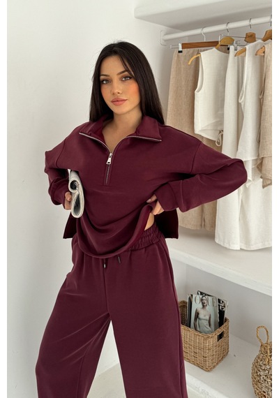 Balenbi Premium Modal Kumaş Fermuarlı Yaka Kadın Takım 1153 Bordo