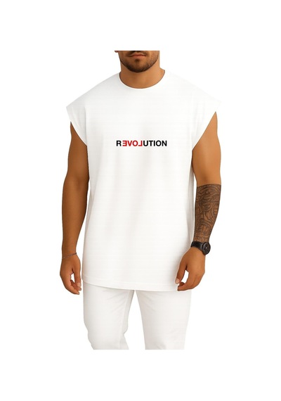 Bahriyeli Collection Oversize Revolution - Love Göğüs Baskılı Atlet Beyaz