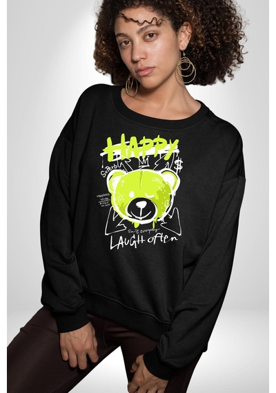 Sık Sık Mutlu Gülmek Teddy Bear Unisex Siyah Sweatshirt Siyah