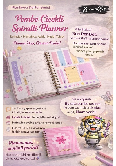 Pembe Çiçekli Spiralli Planner Defter Tarihsiz Haftalık Ve Aylık Planlayıcı, 17.5x18 Cm Diğer