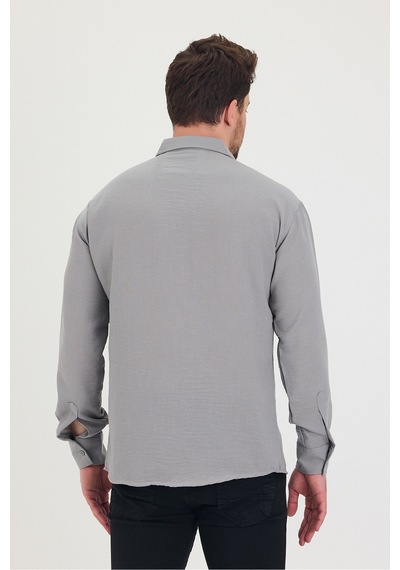 Cool Tarz Erkek Slim Fit Dar Kalıp Uzun Kol Pamuklu Keten Efekt Gömlek Gri Gri