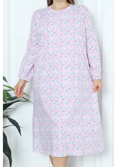 Nicoletta Kadın Tunik Uzun Gecelik Uzun Kollu Büyük Beden Pamuklu Pembe Pembe
