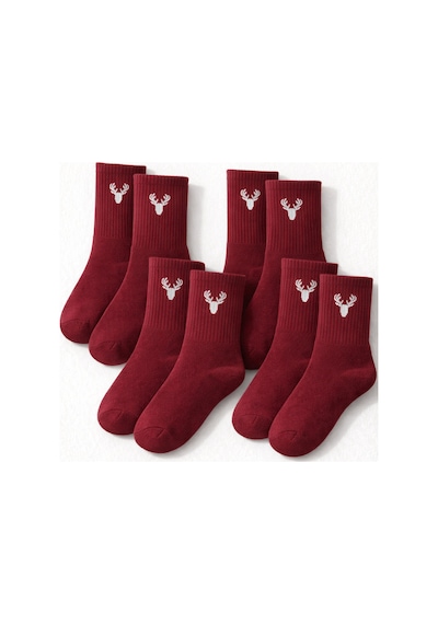 4 Lü Set Bordo Geyik Desenli Unisex Kadın Erkek Uyumlu Günlük Çorap Bordo