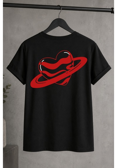 Spoyi Love Planet Tasarımlı %100 Pamuk Yarım Oversize Siyah T-shirt
