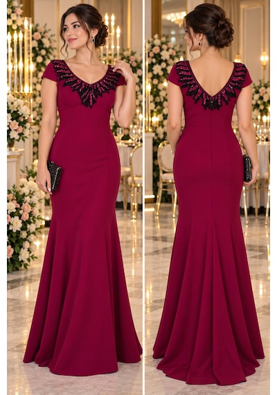 Gül&can Butik Bordo Payet İşlemeli Şık Abiye Elbise Bordo