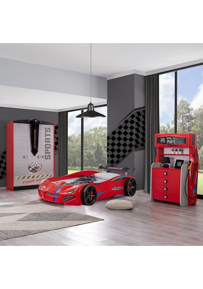 Setaymobilya Sports Çocuk Odası - Merso Arabalı Yatak Dolap Şifonyer - Kırmızı