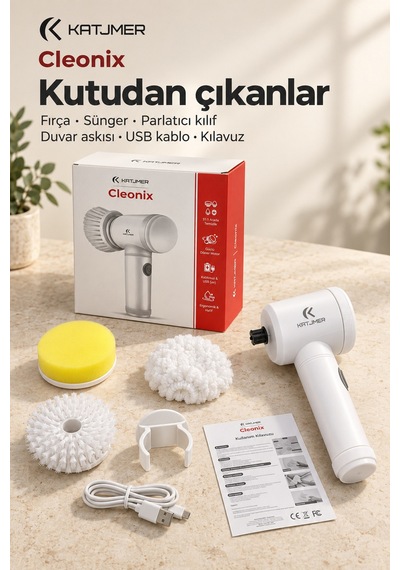 Cbcnx-001 Cleonix Usb Şarjlı Elektrikli Temizlik Fırçası, 5'i 1 Arada Başlık, Duvar Askılı - Beyaz