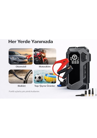 Q18b Akü Takviye Cihazı 12000mah Powerbank, Hava Kompresörü Lastik Şişirme 4 Ü 1 Arada Jump Starter