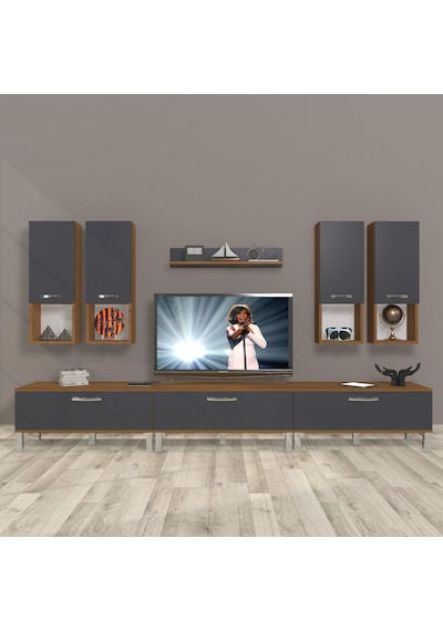 Decoraktiv Eko 8da Mdf Krom Ayaklı Tv Ünitesi Tv Sehpası Ceviz - Antrasit