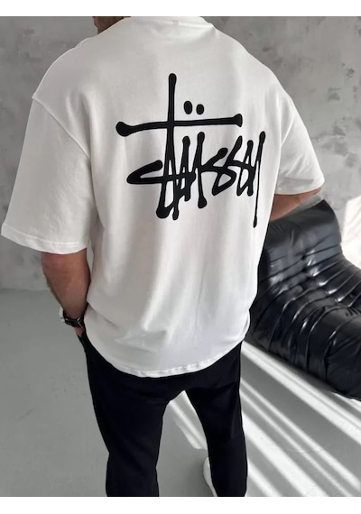 Modi Green Baskılı Unisex Günlük Stil Beyaz Abstract Sanat Oversize Tişört