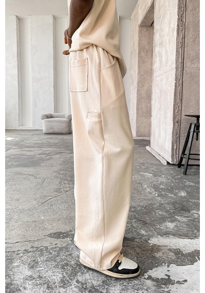 Krem Cozy Premium Pileli Baggy Eşofman Krem