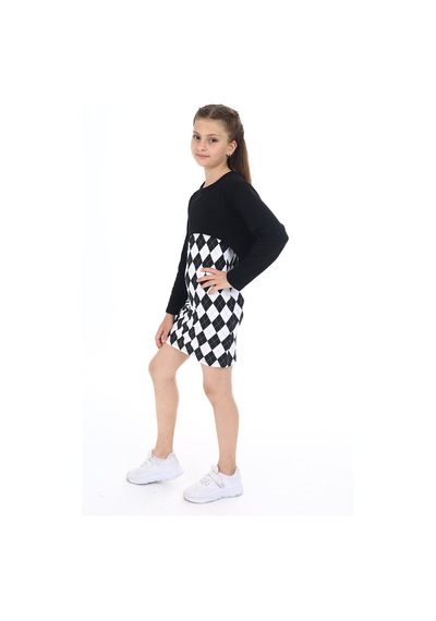 Toontoy Kız Çocuk 2'li Takım Baskılı Regular Fit Kare Yaka Askılı Elbise & Bisiklet Yaka Uzun Kollu Asimetrik Sweatshirt Siyah
