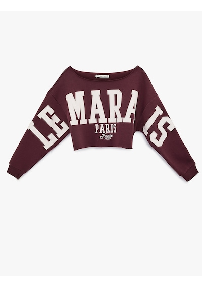 Koton Uzun Kollu Kayık Yaka Baskılı Crop Oversize Sweatshirt Bordo 6sal10246ık Bordo
