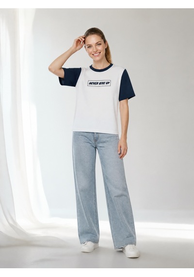 Nealirsanall.com "never Give Up" Baskılı Penye Tişört - Kontrast Kollu Spor Bluz Siyah