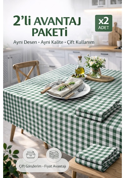 2'li Paket Küçük Kare Desen Pötikareli Masa Örtüsü, Sofra Bezi, Piknik Örtüsü 170 X 170 Cm Yeşil