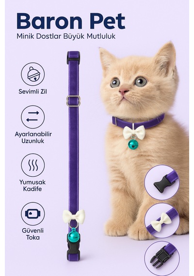 Baron Pet Kedi Boyun Tasması Zilli Fiyonklu Ayarlanabilir Güvenlik Tokalı Kadife - Mor