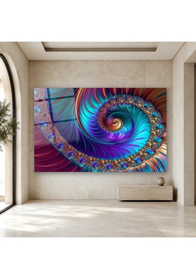 Mor Turkuaz Renkli Spiral Fraktal Kompozisyon Çerçevesiz Cam Tablo