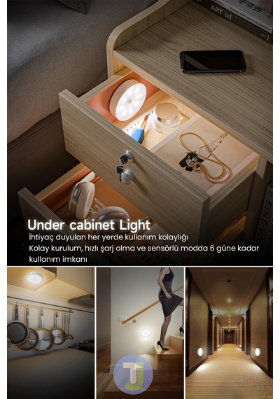 Technojet 3adet Akıllı Hareket Sensörlü Kumandalı Usb Şarj Kablosuz Spot Led Beyaz Işık Gece Lambası