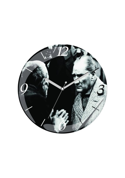 Atatürk Vatandaş Dinleme Çap 30cm Sessiz Akar Bombeli Gerçek Cam Duvar Saati Siyah