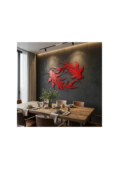 Koi Balıkları Metal Duvar Tablosu - Metal Duvar Sanatı - Mor - 30 X 23 Cm