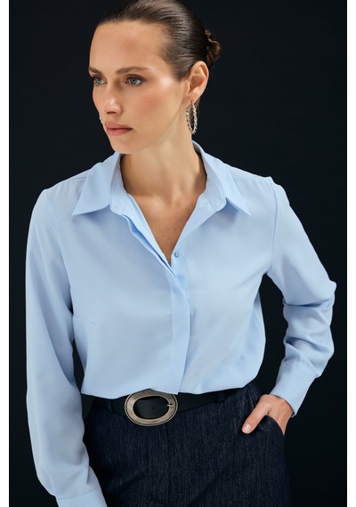 Sateen Klasik Düz Gömlek - Mavi-136996