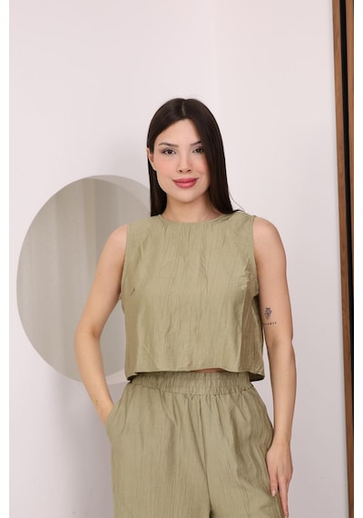 Famoda Haki Sırtı Çapraz Bağcıklı Crop Bluz & Yüksek Bel Palazzo Pantolon Alt Üst Takım