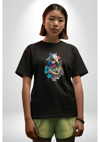 Kedi Assassin's Creed Pamuklu Bisiklet Yaka Unisex Oversize Boyfriend Dijital Baskılı Siyah T-shirt Siyah