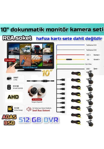 8 Ch 10 İnç Dokunmatik Ekran 8 Adet Ledsiz Ahd 720p Balık Gözü Kamera 512 Gb Dvr Adas Bsd 12 Volt