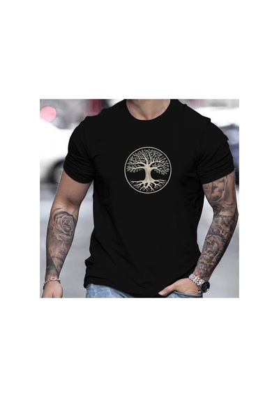 Caddemia Yaz  Moda Rahat Spor Geniş Çam Deseni Baskılı Spor Yuvarlak Boyun Kısa Siyah 2XL
