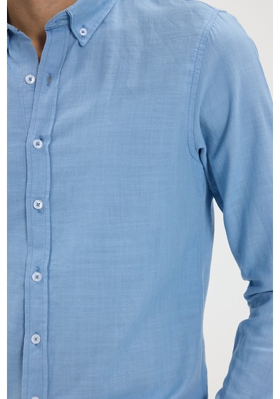Tudors Erkek Slim Fit Dar Kesim %100 Pamuk Düğmeli Yaka Flam Keten Mavi Gömlek-50273