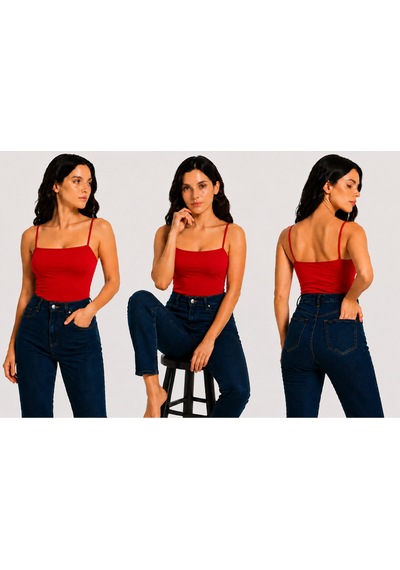 İngegno Body İp Askılı Model Örme Ring Kumaş Viskon Kadın Body Kırmızı