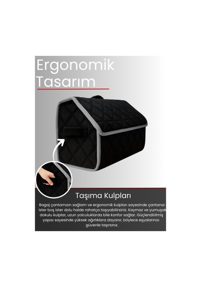 Tay Tüyü Araç Bagaj Düzenleyici Organizer Kaymaz Cırt Bantlı Geniş Hacimli Çanta Siyah - Gri Kenarlı