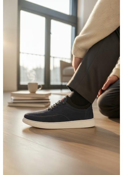 Enoch Hakiki Deri Lazer Kesim Dikişli Erkek Sneaker Ortopedik Taban Lacivert