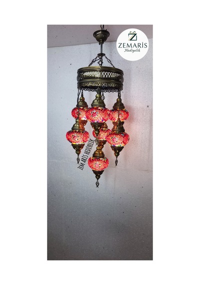 El Yapımı Otantik Mozaik 7 Li Avize Tavan Lambası Dekoratif Pembe - 786499679 Pembe