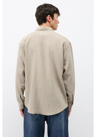 Vamos Çizgili Lyocell Kumaş Oversize Gömlek Bej