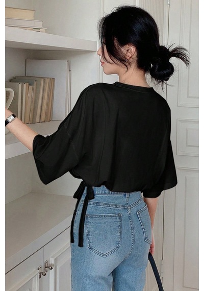 Kadın Oversize Basic Haki Tişört Yan Bağlamalı Rahat Kesim Günlük Yazlık T-shirt Siyah
