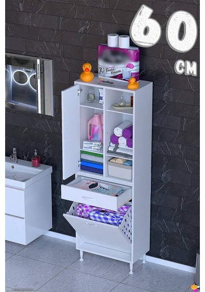 Afra 60 Cm 1 Gözlü Kirli Çamaşır Sepet, 1 Kapak Ve Çekmeceli 6 Raflı Çok Amaçlı Banyo Dolabı Beyaz Afra 60 Cm 1 Gözlü Kirli Çamaşır Sepet, 1 Kapak Ve Çekmeceli 6 Raflı Çok Amaçlı Banyo Dolabı Beyaz